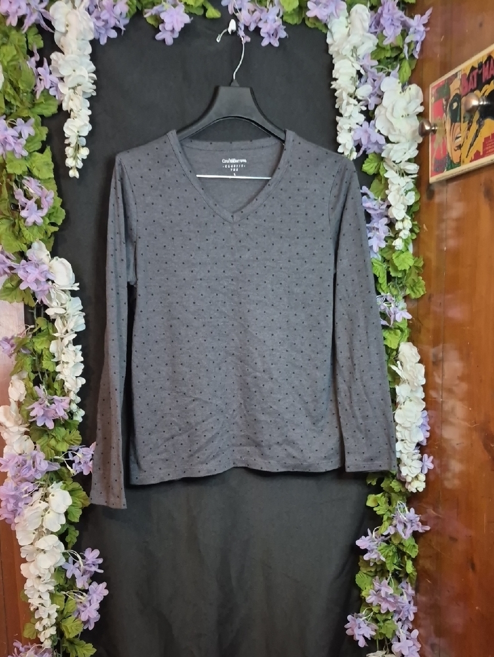 croft & barrow Charcoal Gray Dot-Texture V-Neck Long Sleeve Top